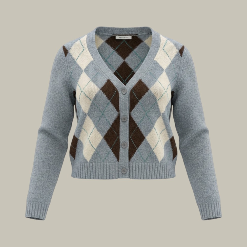 American Eagle Argyle Cropped Cardigan Sweater Blue Brown V-Neck Size M